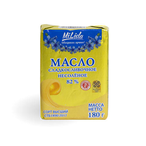 Масло сладкосливочное несоленое 82% ТМ Milida 180 гр
