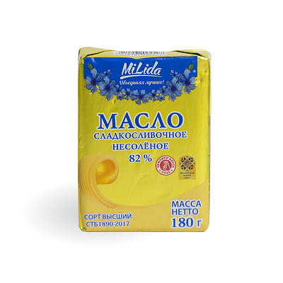 Масло сладкосливочное несоленое 82% ТМ Milida 180 гр