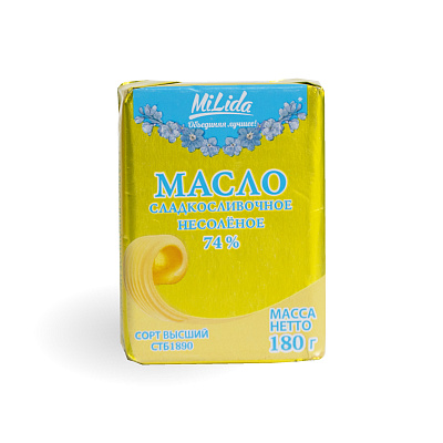 Масло сладкосливочное несоленое 74% ТМ Milida 180 гр