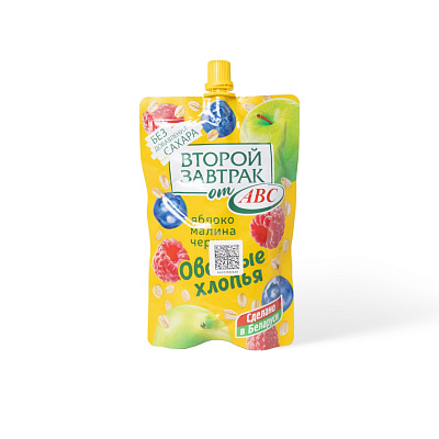 Десерт фруктовый из яблок малины и черники с овсяными хлопьями 200гр ТМ АВС Дой-Пак