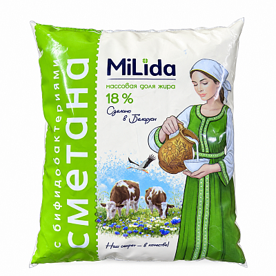 Сметана в полимерной пленке обогощенная бифидобактериями 18% 400гр ТМ Milida