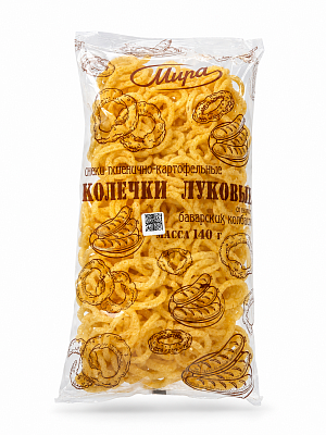 Снеки пшенично-картофельные Колечки луковые со вкусом баварских колбасок Тм Мира 140 гр