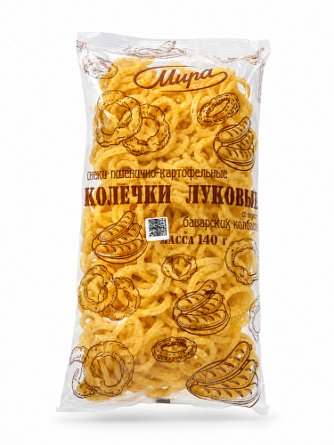 Снеки пшенично-картофельные Колечки луковые со вкусом баварских колбасок Тм Мира 140 гр